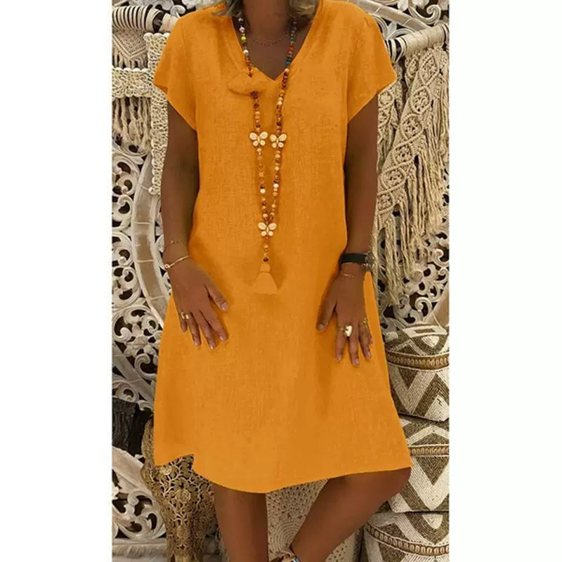 2024 New Popular Eleven Color Eight Size Solid Short Sleeve V-Neck Dress