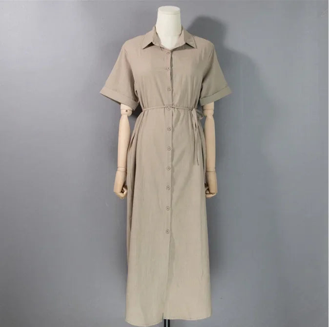 Cotton Linen Women Long Dresses Female New Fashion Loose Clothes Ladies Short Sleeve Turn down Collar Commuting Loose Cardigan