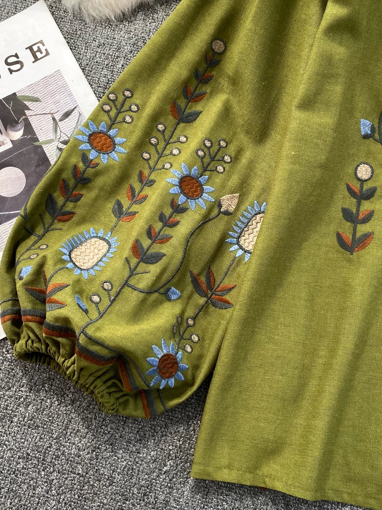 Women Spring Blouse Ethnic Style Retro Literature Loose Embroidered Cotton Linen Round Neck Pullover Shirt Casual Top D3549