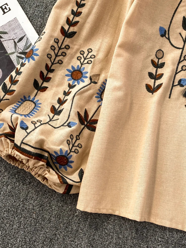 Women Spring Blouse Ethnic Style Retro Literature Loose Embroidered Cotton Linen Round Neck Pullover Shirt Casual Top D3549