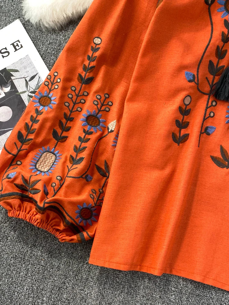 Women Spring Blouse Ethnic Style Retro Literature Loose Embroidered Cotton Linen Round Neck Pullover Shirt Casual Top D3549
