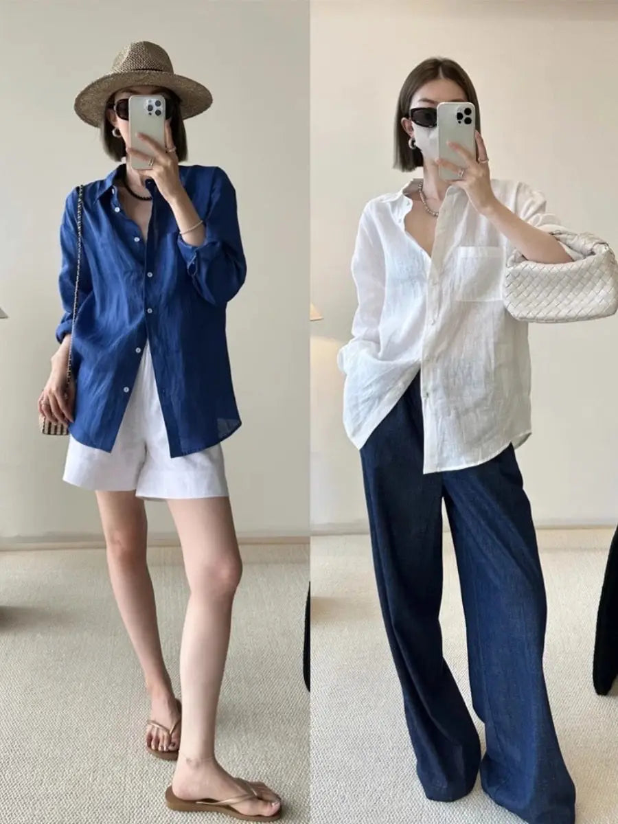 French linen long-sleeved shirt for women, summer thin loose cover-up sun protection top