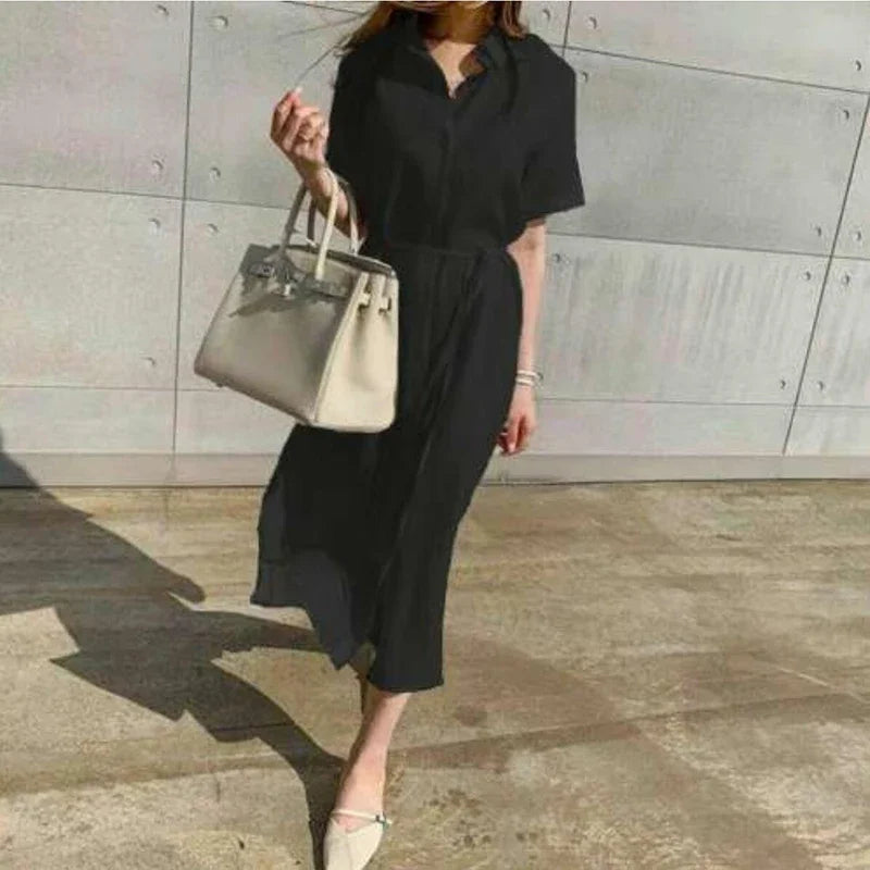 Cotton Linen Women Long Dresses Female New Fashion Loose Clothes Ladies Short Sleeve Turn down Collar Commuting Loose Cardigan