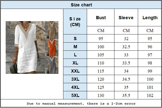 Women Cotton Linen Mini Dresses Summer Fashion Retro Solid V Neck Loose Dress Female Casual Elegant Mid-Sleeve Dress Vestidos