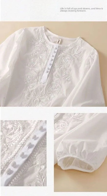 Summer New Artistic Retro Loose Design Embroidered Cleanfit round Ne ort Sve Ladies T-irt Linen Fabric Plant Floral