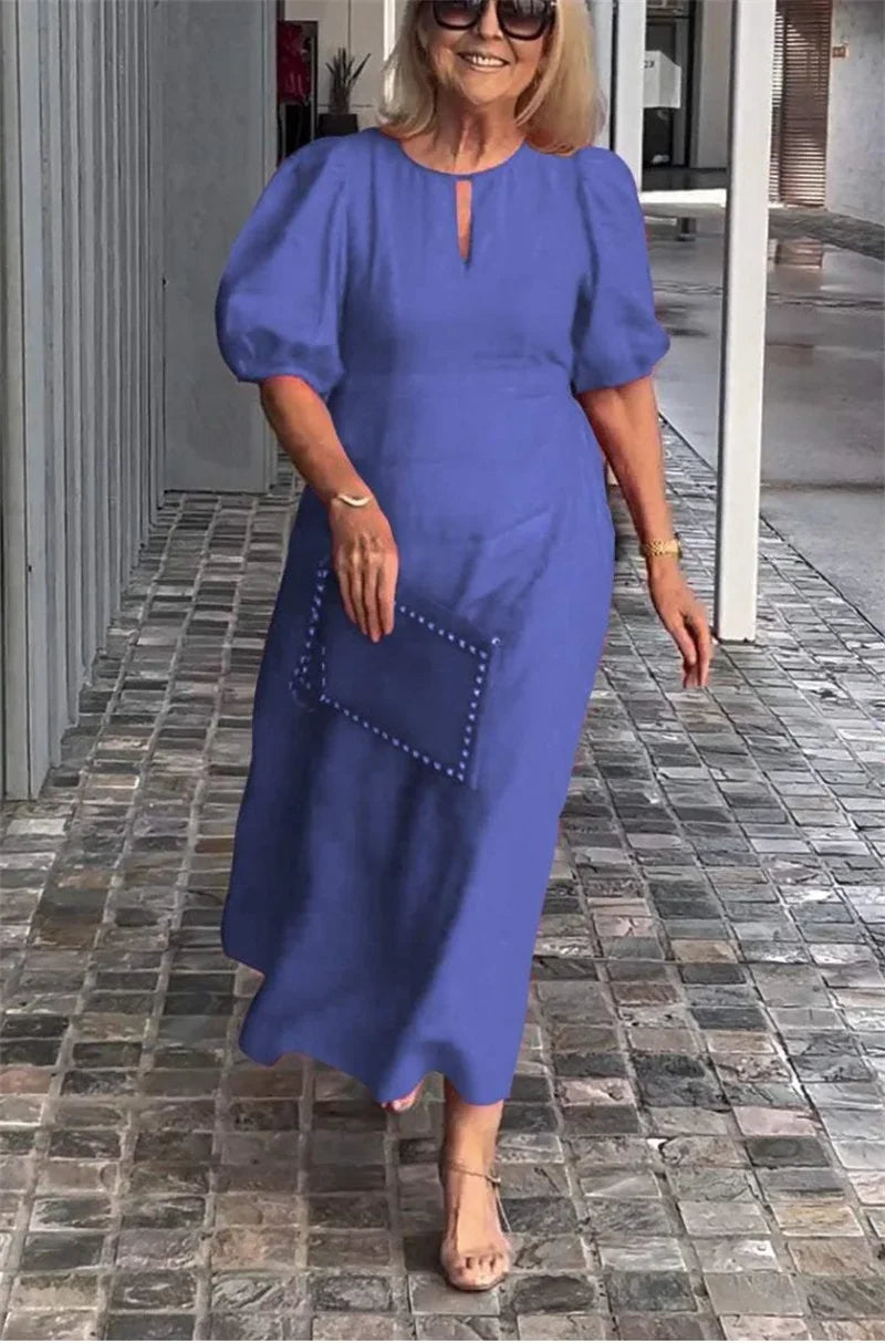 Women New Hollow Out O Neck Pullover Dresses Female Loose Casual Commuter Solid Color Gown Summer Bubble Short Sleeve Dress