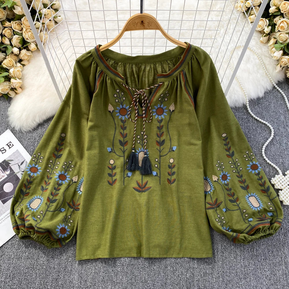 Women Spring Blouse Ethnic Style Retro Literature Loose Embroidered Cotton Linen Round Neck Pullover Shirt Casual Top D3549