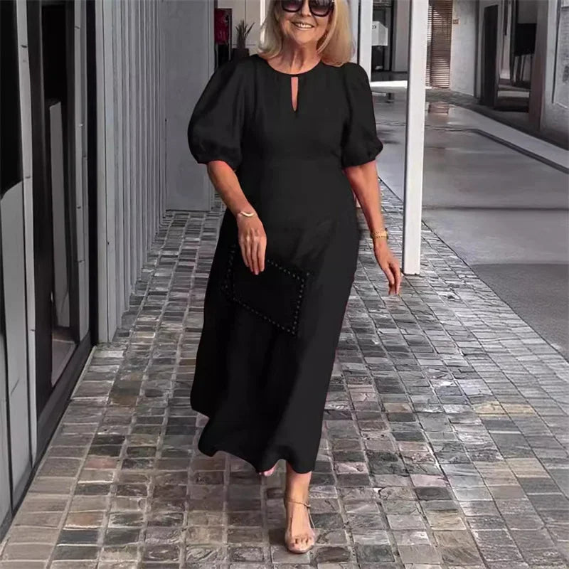 Women New Hollow Out O Neck Pullover Dresses Female Loose Casual Commuter Solid Color Gown Summer Bubble Short Sleeve Dress