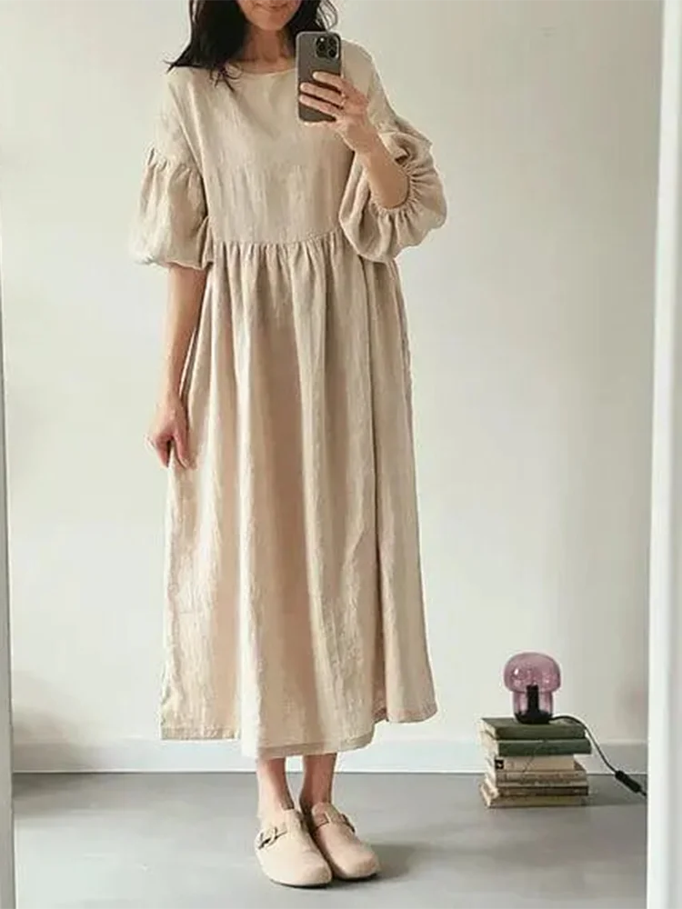 Msfancy Puff Sleeve Dress Women Cotton Short Sleeve Loose Robe Femme 2023 Vintage Vocation Vestidos
