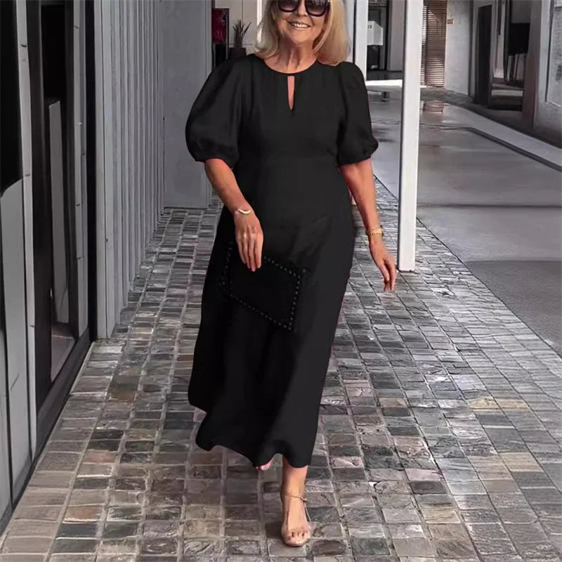 Women New Hollow Out O Neck Pullover Dresses Female Loose Casual Commuter Solid Color Gown Summer Bubble Short Sleeve Dress