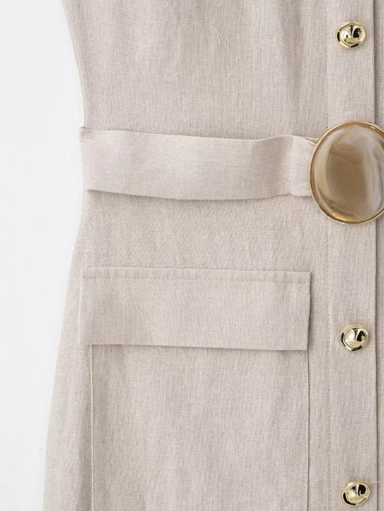 Elegant Linen Blend Belted Sleeveless Midi Dress