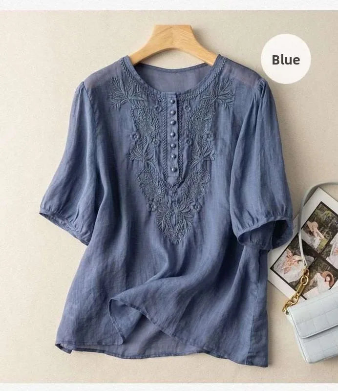 Summer New Artistic Retro Loose Design Embroidered Cleanfit round Ne ort Sve Ladies T-irt Linen Fabric Plant Floral
