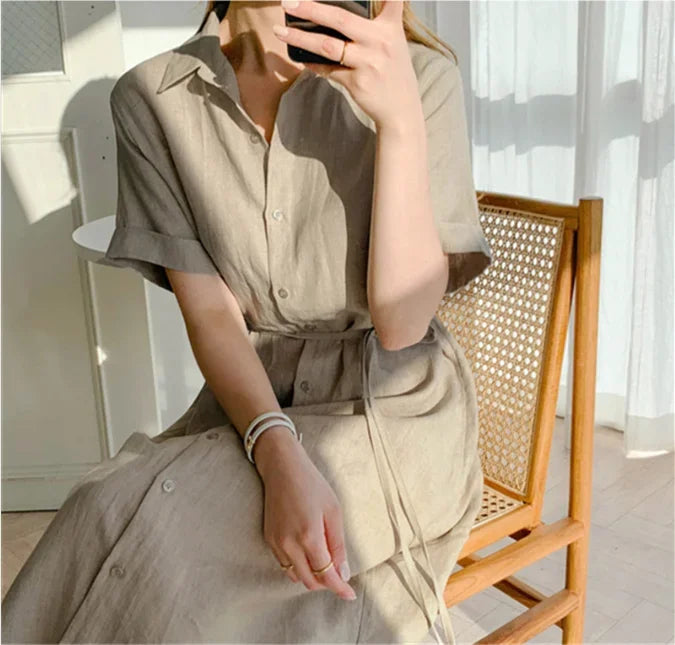 Cotton Linen Women Long Dresses Female New Fashion Loose Clothes Ladies Short Sleeve Turn down Collar Commuting Loose Cardigan
