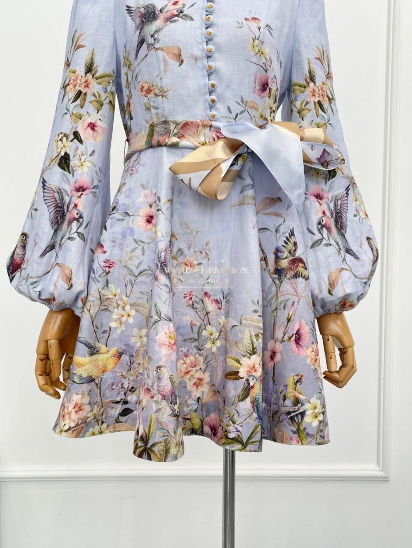 Linen Women Clothes Hight Quality Blue Floral Print Long Sleeve Self Bow Tie At Waist Mini Dress