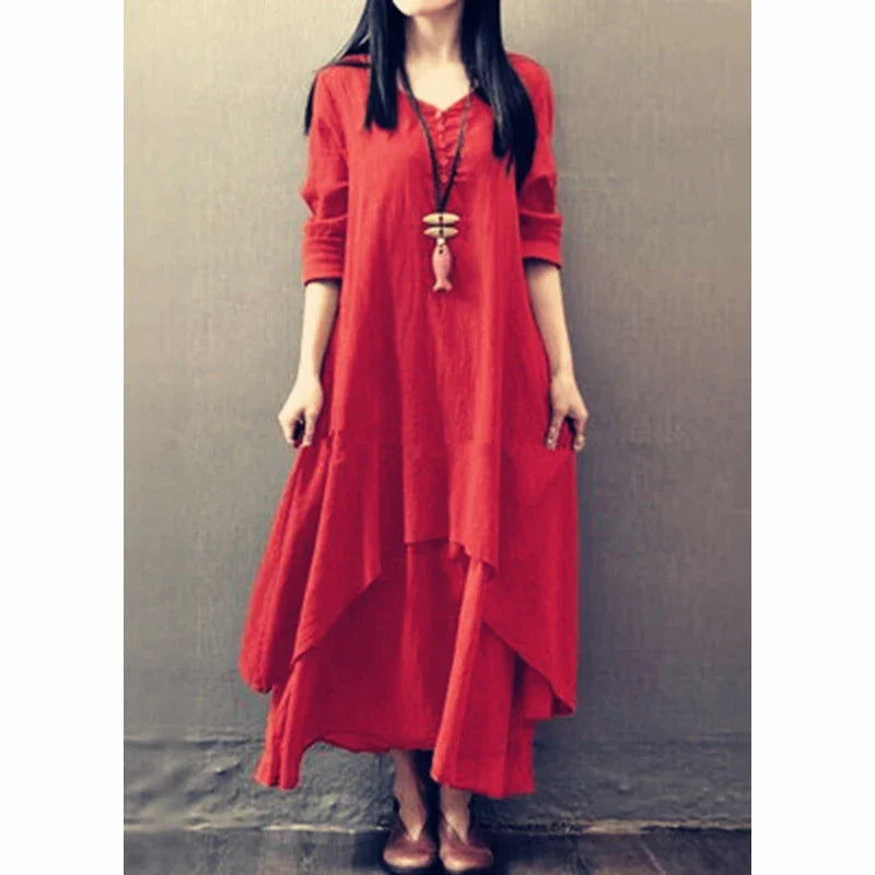 Spring Autumn New Women Elegant Dresses Bohemia Layering Vintage Robe Long Sleeve Loose Long Dress Female Cotton Hemp Skirt