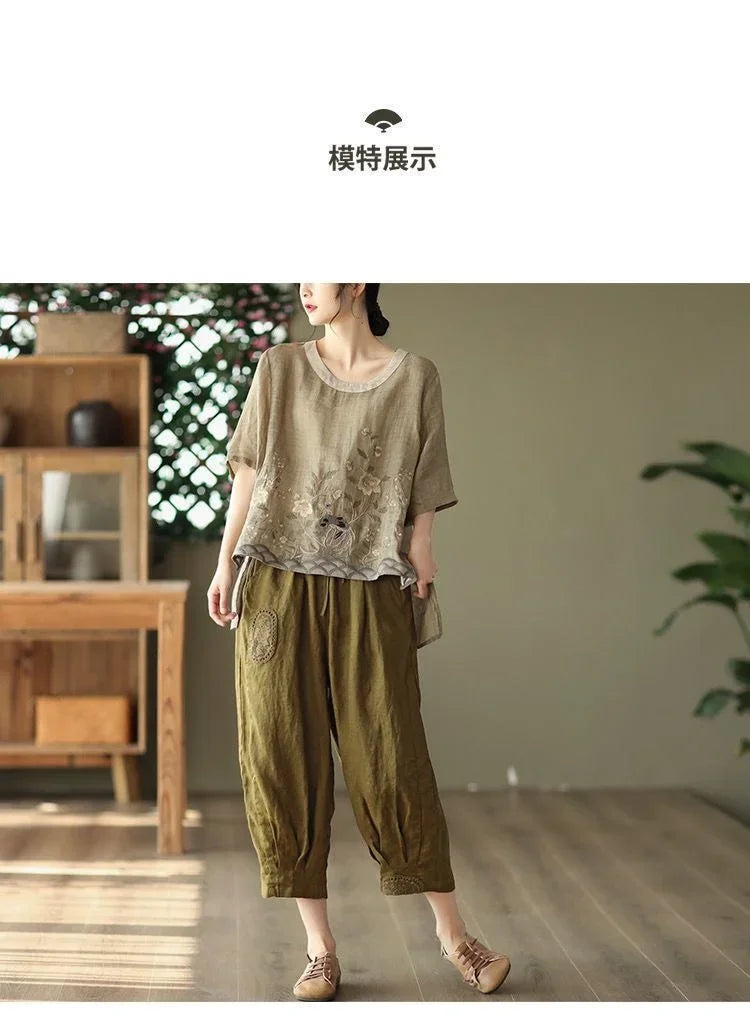 Cotton Linen Blouse Floral Print Womens Tops Spring Summer Literary Retro Embroidery Top Casual Contrast Round Neck Blouses