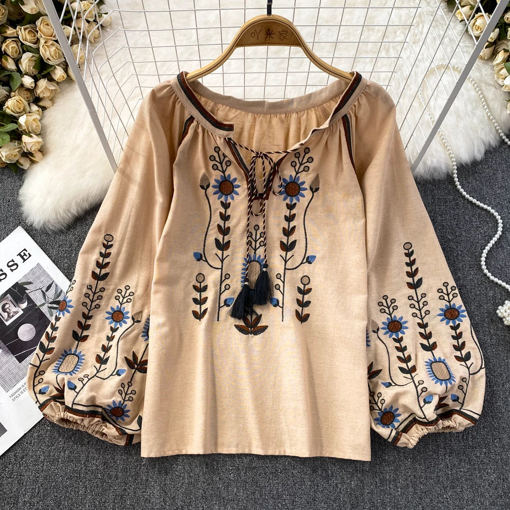 Women Spring Blouse Ethnic Style Retro Literature Loose Embroidered Cotton Linen Round Neck Pullover Shirt Casual Top D3549