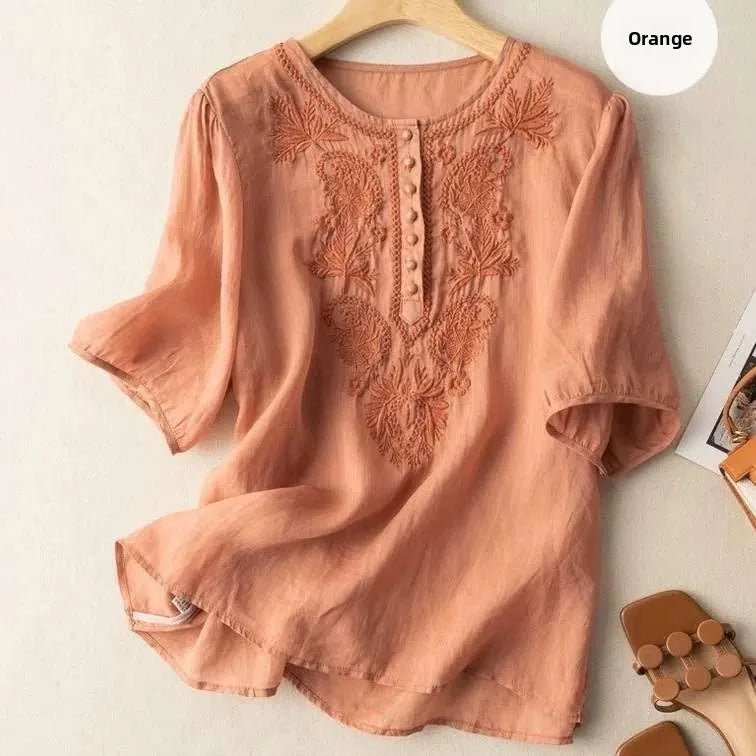 Summer New Artistic Retro Loose Design Embroidered Cleanfit round Ne ort Sve Ladies T-irt Linen Fabric Plant Floral