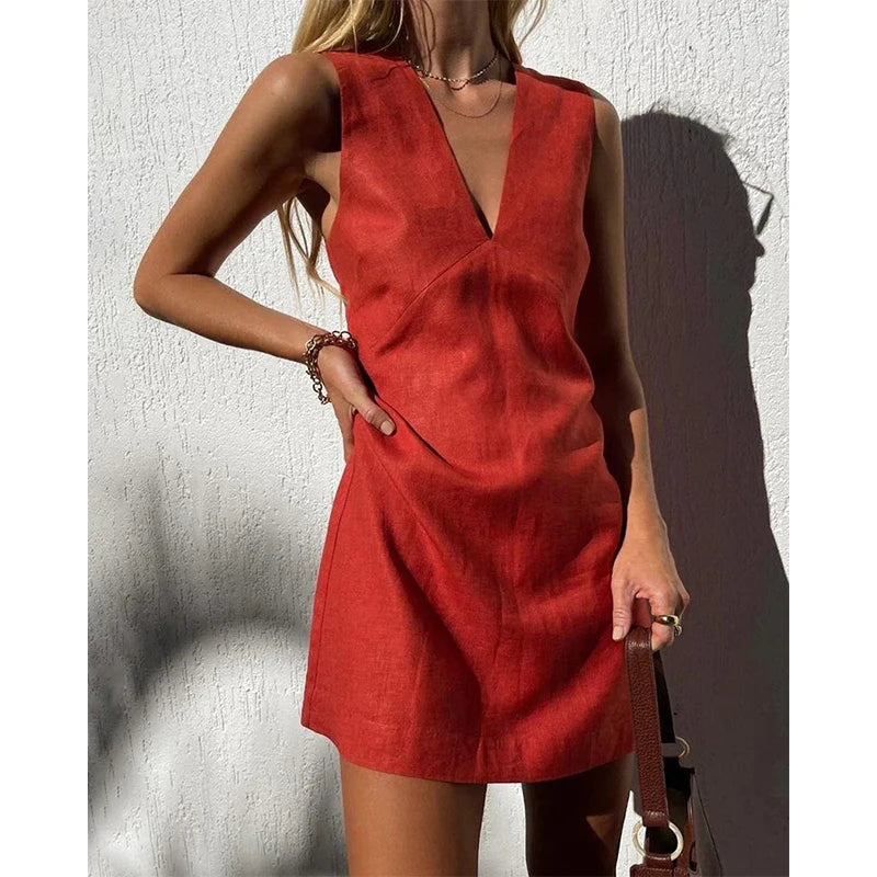 Cotton Linen Womens Dresses Sexy V-Neck Sleeveless Basic Tank Dress Chic Elegant Ladies Dresses Summer Sale Vestidos Para Mujer
