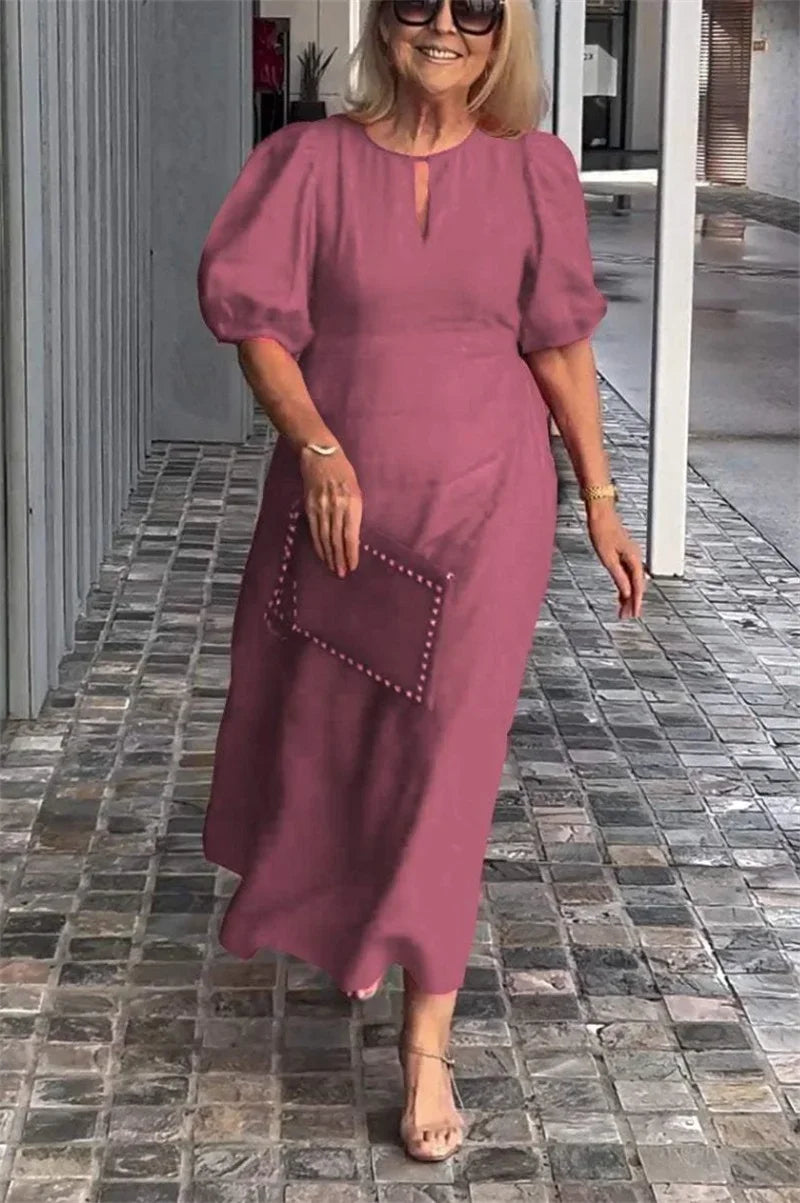 Women New Hollow Out O Neck Pullover Dresses Female Loose Casual Commuter Solid Color Gown Summer Bubble Short Sleeve Dress