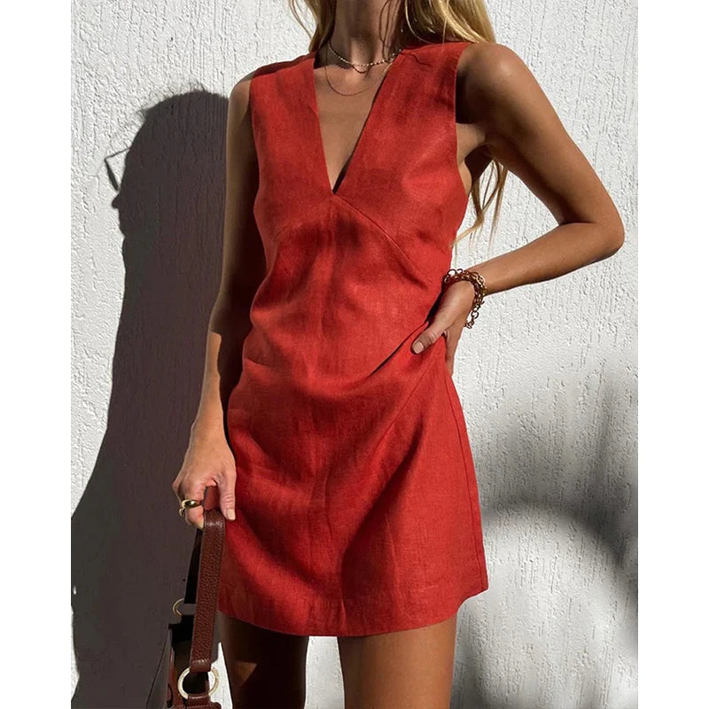 Cotton Linen Womens Dresses Sexy V-Neck Sleeveless Basic Tank Dress Chic Elegant Ladies Dresses Summer Sale Vestidos Para Mujer