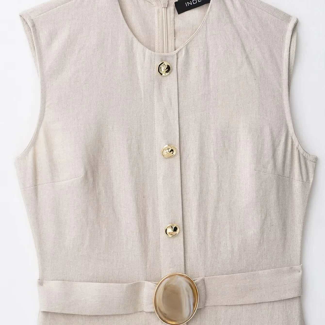 Elegant Linen Blend Belted Sleeveless Midi Dress