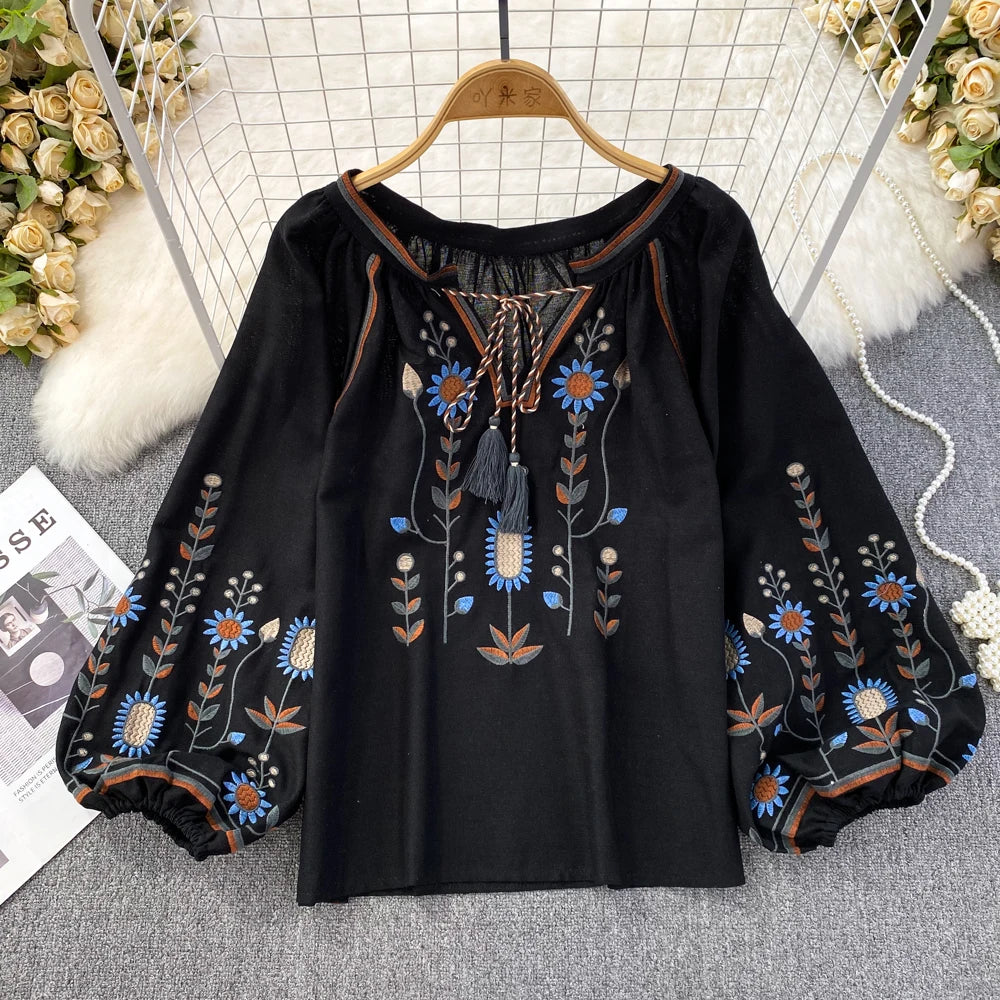 Women Spring Blouse Ethnic Style Retro Literature Loose Embroidered Cotton Linen Round Neck Pullover Shirt Casual Top D3549
