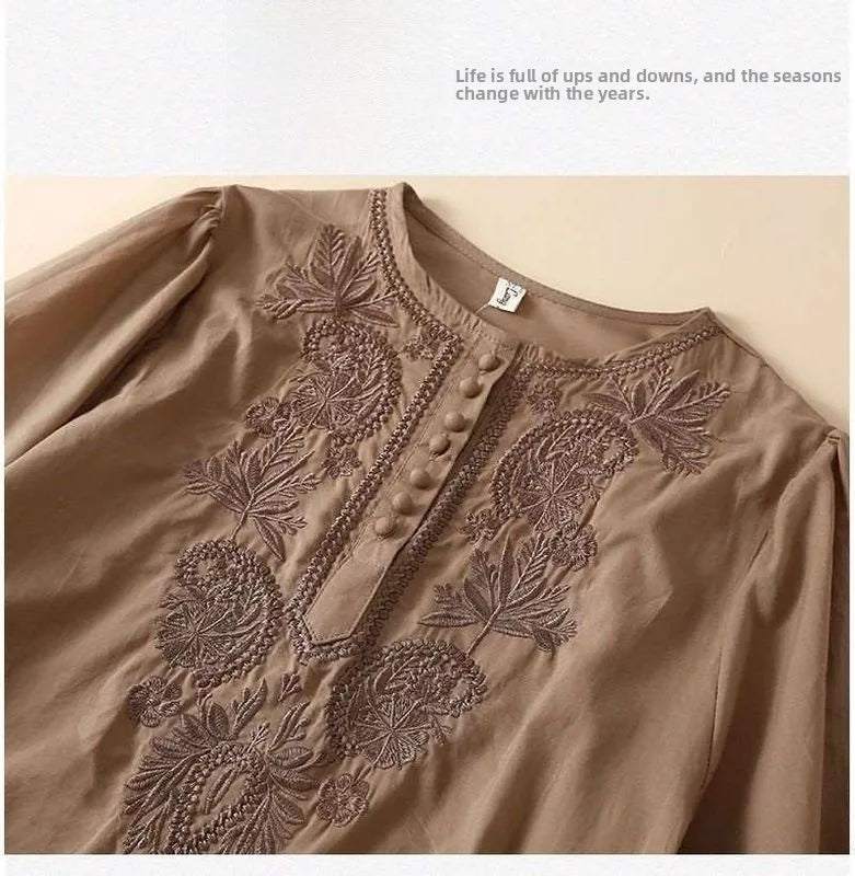 Summer New Artistic Retro Loose Design Embroidered Cleanfit round Ne ort Sve Ladies T-irt Linen Fabric Plant Floral