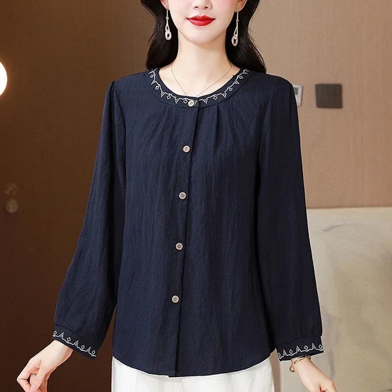 Embroidered Cotton Linen Shirt for Women Early Autumn New Loose Belly-covering Versatile Long-sleeved Cotton Linen Blouses