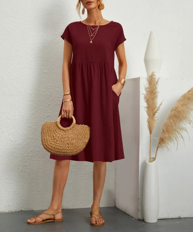 Cotton Linen Dress For Women Summer Casual Splicing Pocket Dresses Vestido Fashion Female Clothing Short Sleeve Loose Midi Dress