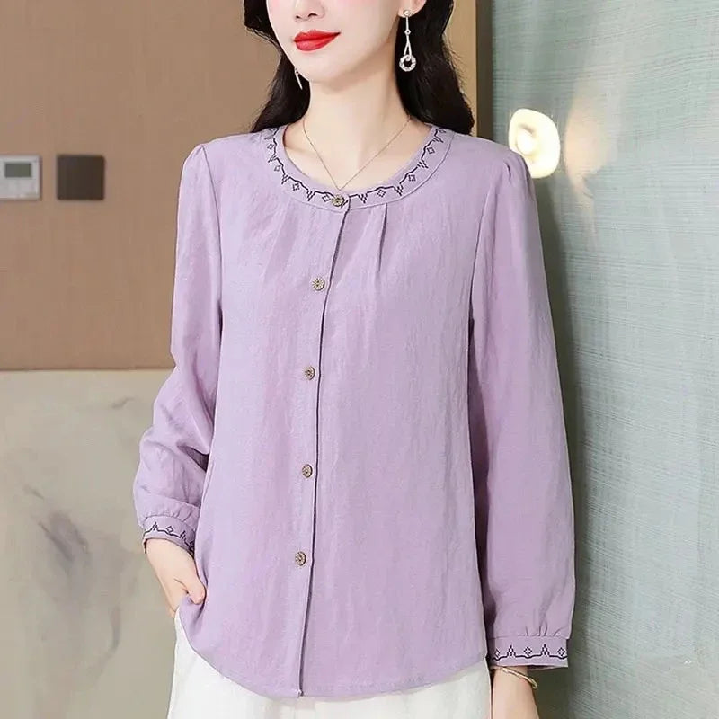 Embroidered Cotton Linen Shirt for Women Early Autumn New Loose Belly-covering Versatile Long-sleeved Cotton Linen Blouses