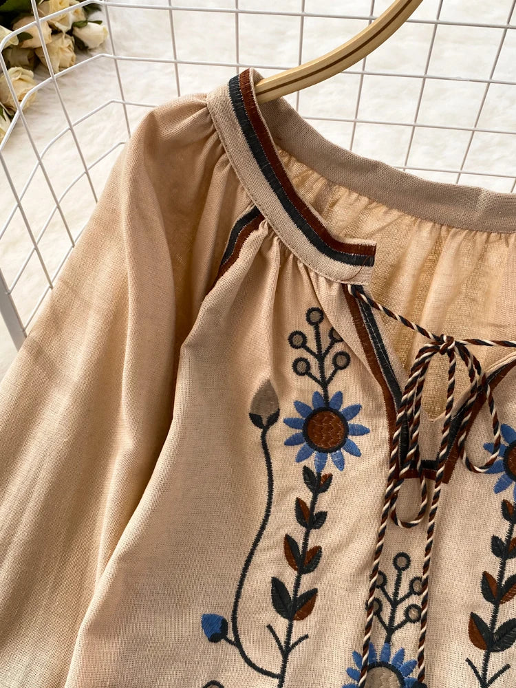 Women Spring Blouse Ethnic Style Retro Literature Loose Embroidered Cotton Linen Round Neck Pullover Shirt Casual Top D3549