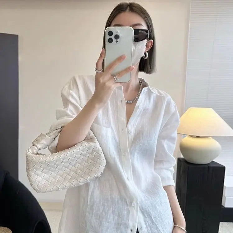 French linen long-sleeved shirt for women, summer thin loose cover-up sun protection top