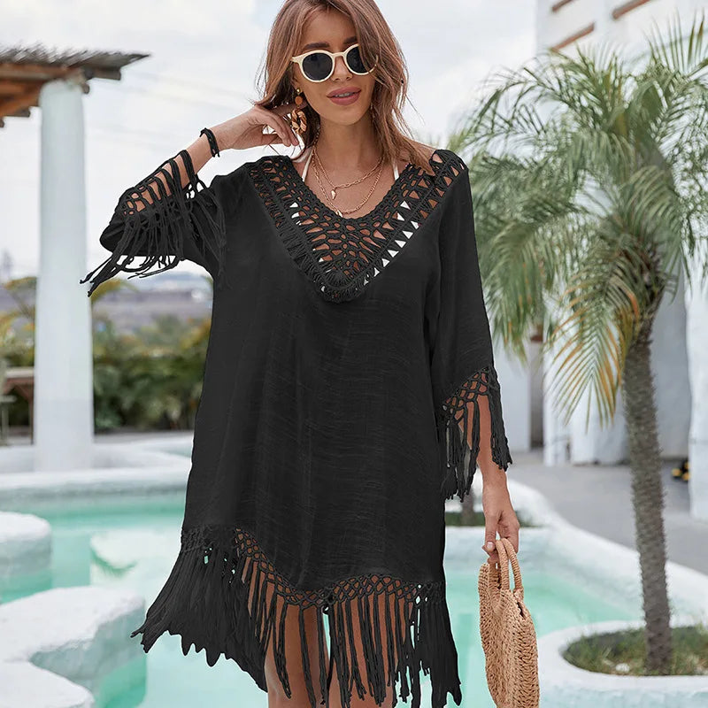 Solid Color Knitted Hollow Sunscreen Quick Dry Spandex/Polyester Midi Bikini V-Neck Beach Dress Swimsuit Cover Ups