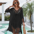 Solid Color Knitted Hollow Sunscreen Quick Dry Spandex/Polyester Midi Bikini V-Neck Beach Dress Swimsuit Cover Ups