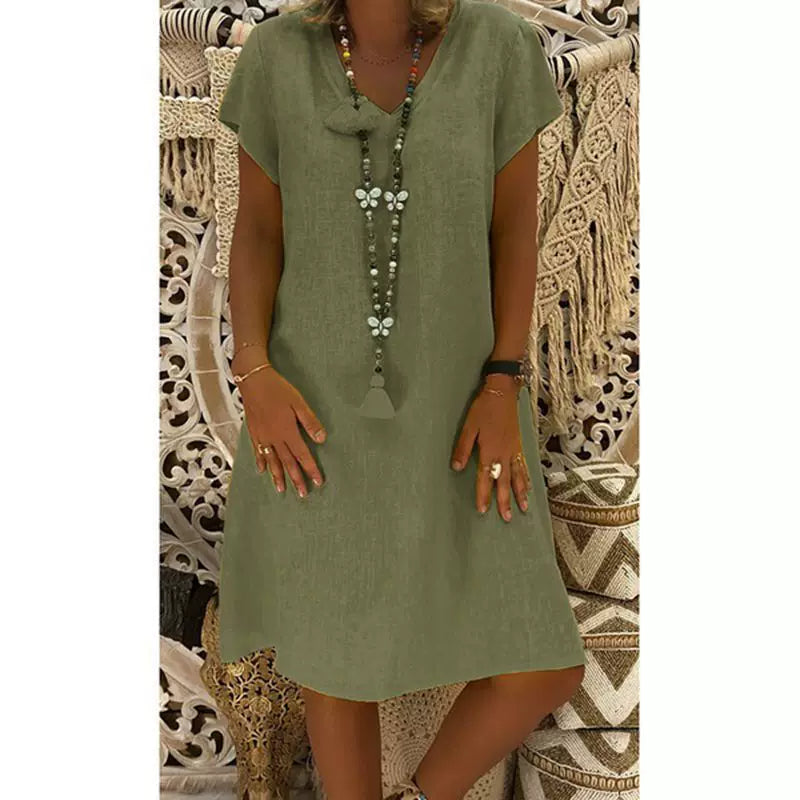 2024 New Popular Eleven Color Eight Size Solid Short Sleeve V-Neck Dress