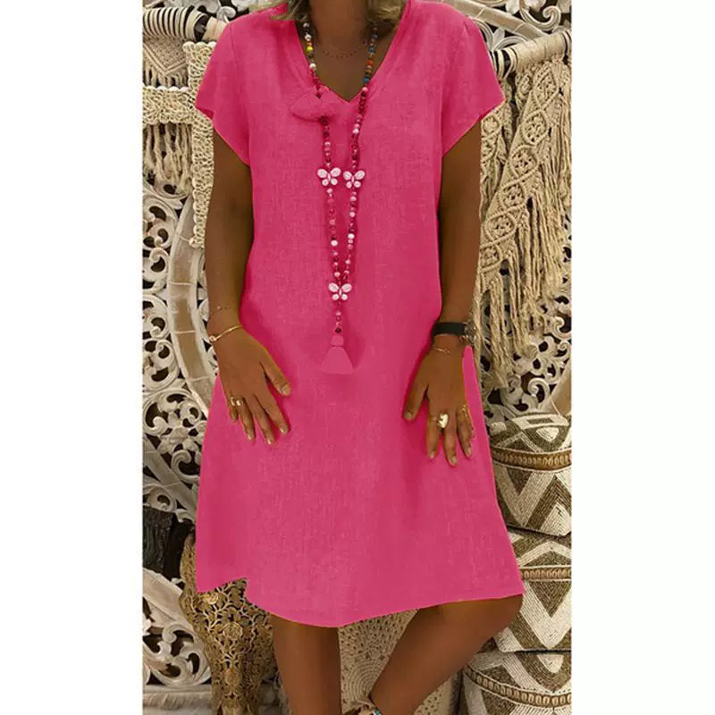 2024 New Popular Eleven Color Eight Size Solid Short Sleeve V-Neck Dress