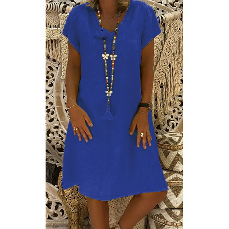 2024 New Popular Eleven Color Eight Size Solid Short Sleeve V-Neck Dress