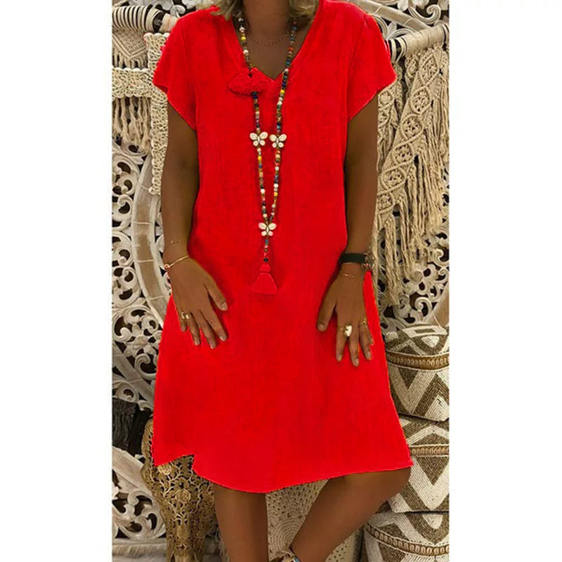 2024 New Popular Eleven Color Eight Size Solid Short Sleeve V-Neck Dress