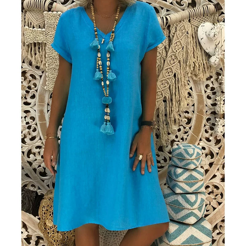 2024 New Popular Eleven Color Eight Size Solid Short Sleeve V-Neck Dress