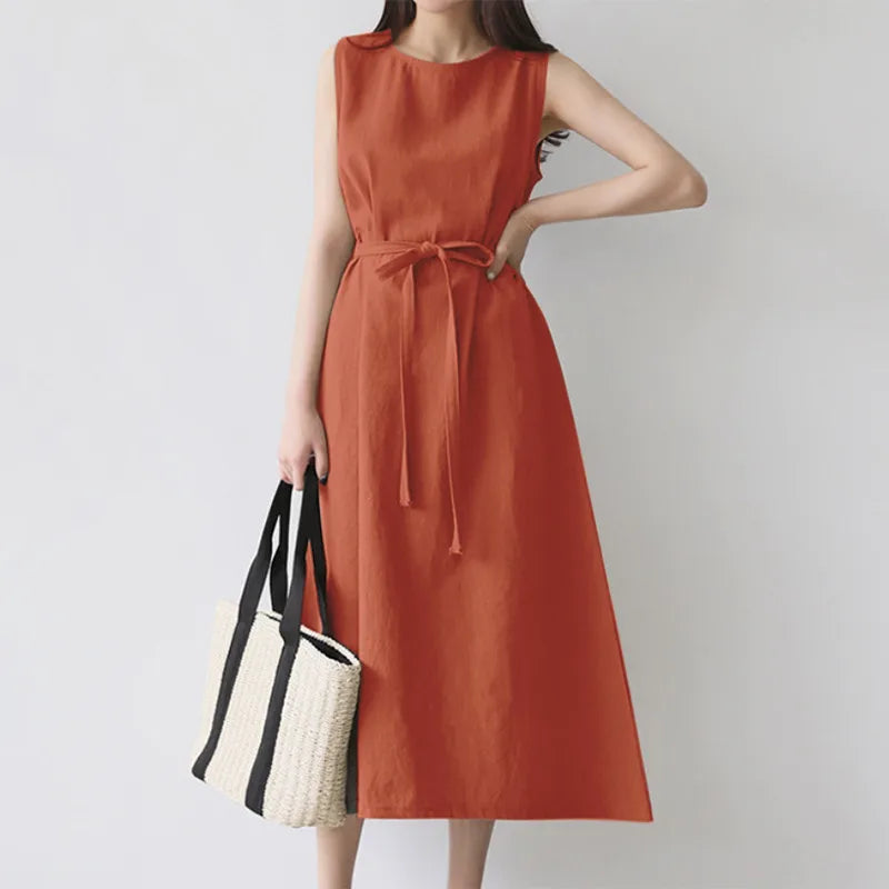 Beige Cotton Linen Belted Long Sleeveless Dress