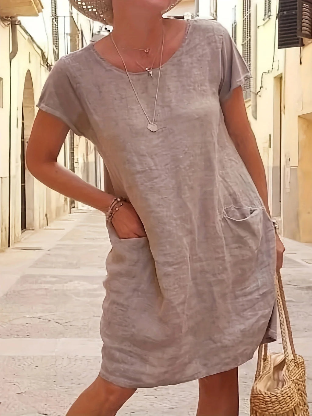 Loose Pure Color Pocket Short Sleeve Round Neck Cotton Linen Dress