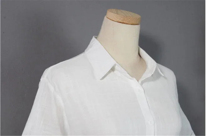 Cotton Linen Women Long Dresses Female New Fashion Loose Clothes Ladies Short Sleeve Turn down Collar Commuting Loose Cardigan