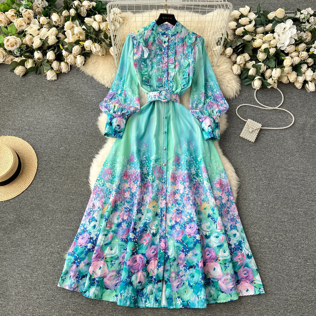 French Style Retro Fresh Print Chiffon Dress 2024 New Loose Elegant Slim Robe Stand Collar Single Breasted Long Sleeve Ropa