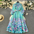 French Style Retro Fresh Print Chiffon Dress 2024 New Loose Elegant Slim Robe Stand Collar Single Breasted Long Sleeve Ropa
