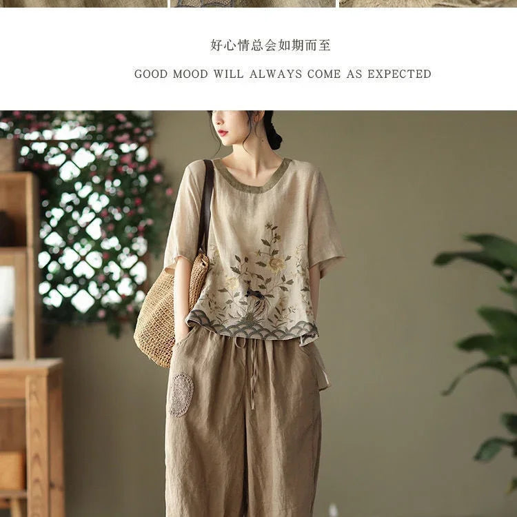Cotton Linen Blouse Floral Print Womens Tops Spring Summer Literary Retro Embroidery Top Casual Contrast Round Neck Blouses
