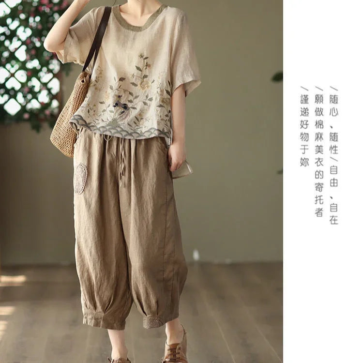 Cotton Linen Blouse Floral Print Womens Tops Spring Summer Literary Retro Embroidery Top Casual Contrast Round Neck Blouses