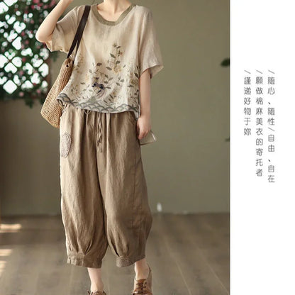 Cotton Linen Blouse Floral Print Womens Tops Spring Summer Literary Retro Embroidery Top Casual Contrast Round Neck Blouses