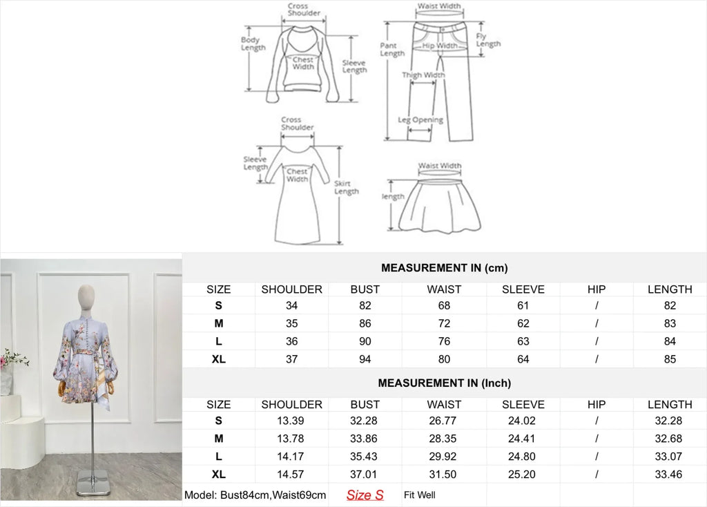 Linen Women Clothes Hight Quality Blue Floral Print Long Sleeve Self Bow Tie At Waist Mini Dress