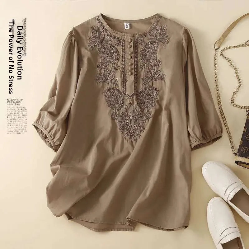 Summer New Artistic Retro Loose Design Embroidered Cleanfit round Ne ort Sve Ladies T-irt Linen Fabric Plant Floral
